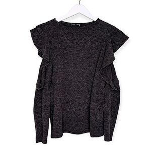 Zara Women’s Cold Shoulder Crew Neck Ruffle Long Sleeve Knit Top Dark Grey Large